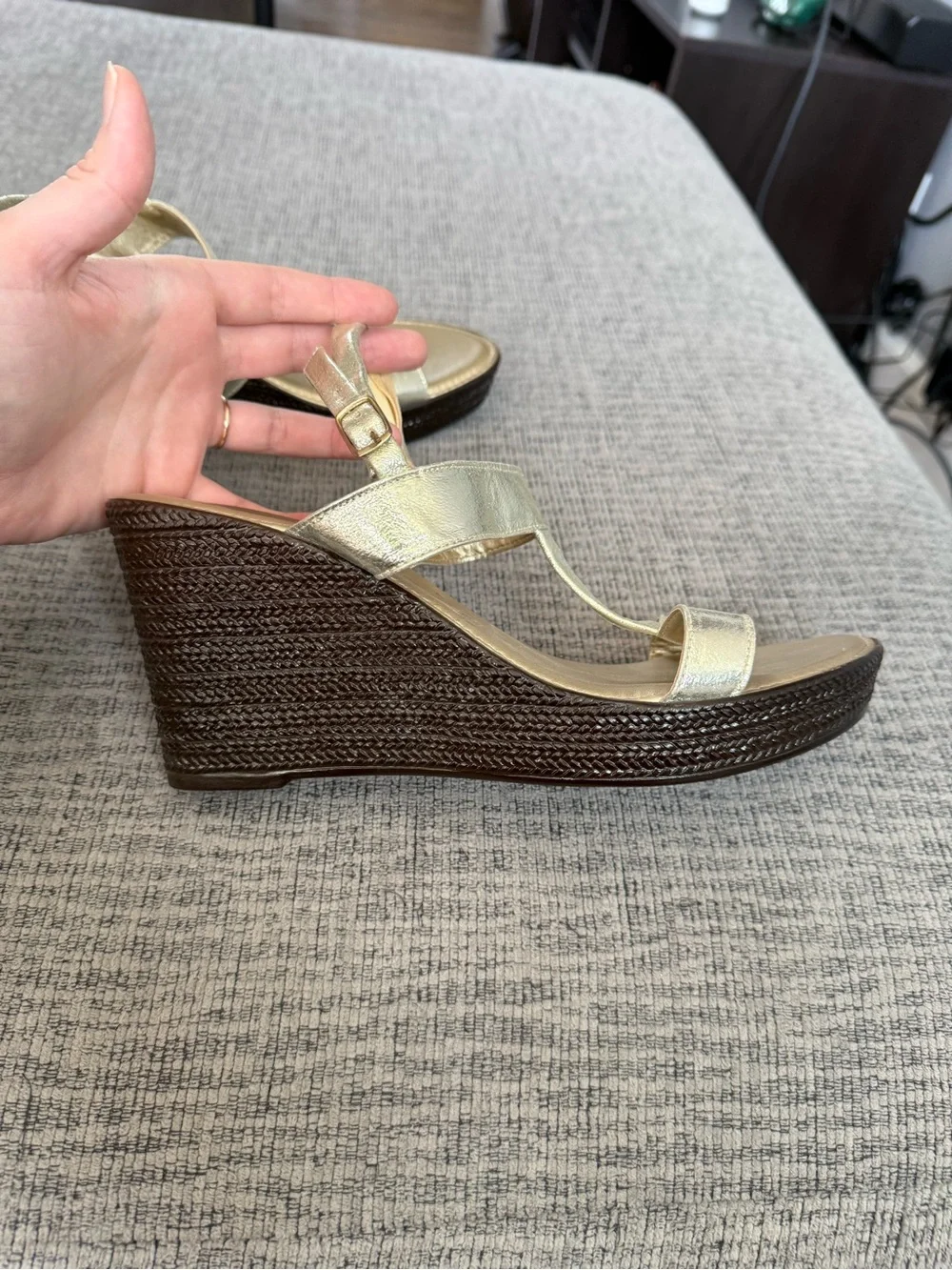 Gold and Brown Strapped High Heeled Wedge Sandals by Italian Shoemakers Size 9